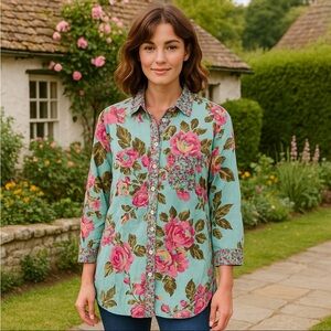 Soft Surroundings Womens Floral Button Front Tunic Top Size S/M Boho Cottagecore